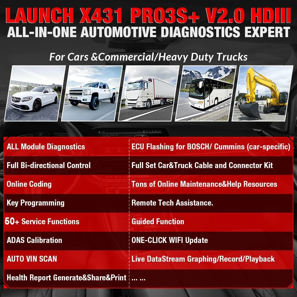 Launch X431 PRO3s+Hdiii Heavy Duty Modual, Diesel&Gasoline Bidirectional Diagnostic Scan Tool, Cars&Heavy Duty Trucks All Systems Scanner, Key Program