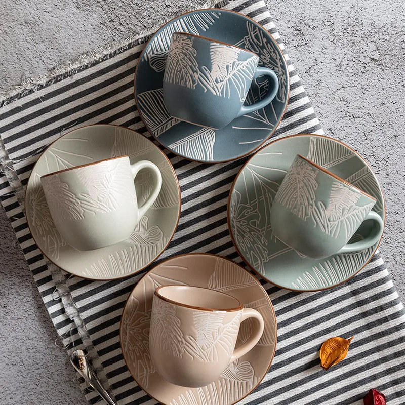 Light Green Stoneware Coffee Cup and Saucer Set with Underglaze Pad Printing with Brown Rim