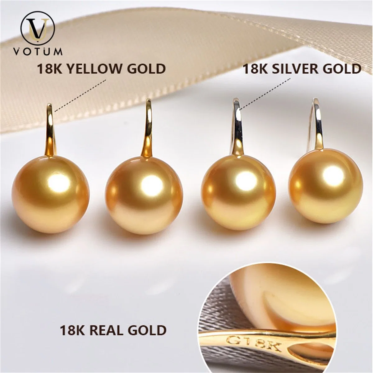 Votum Factory OEM Luxury 18K Real Gold Cultured Seawater South Golden Pearls Wedding Dandle Earring Jewelry