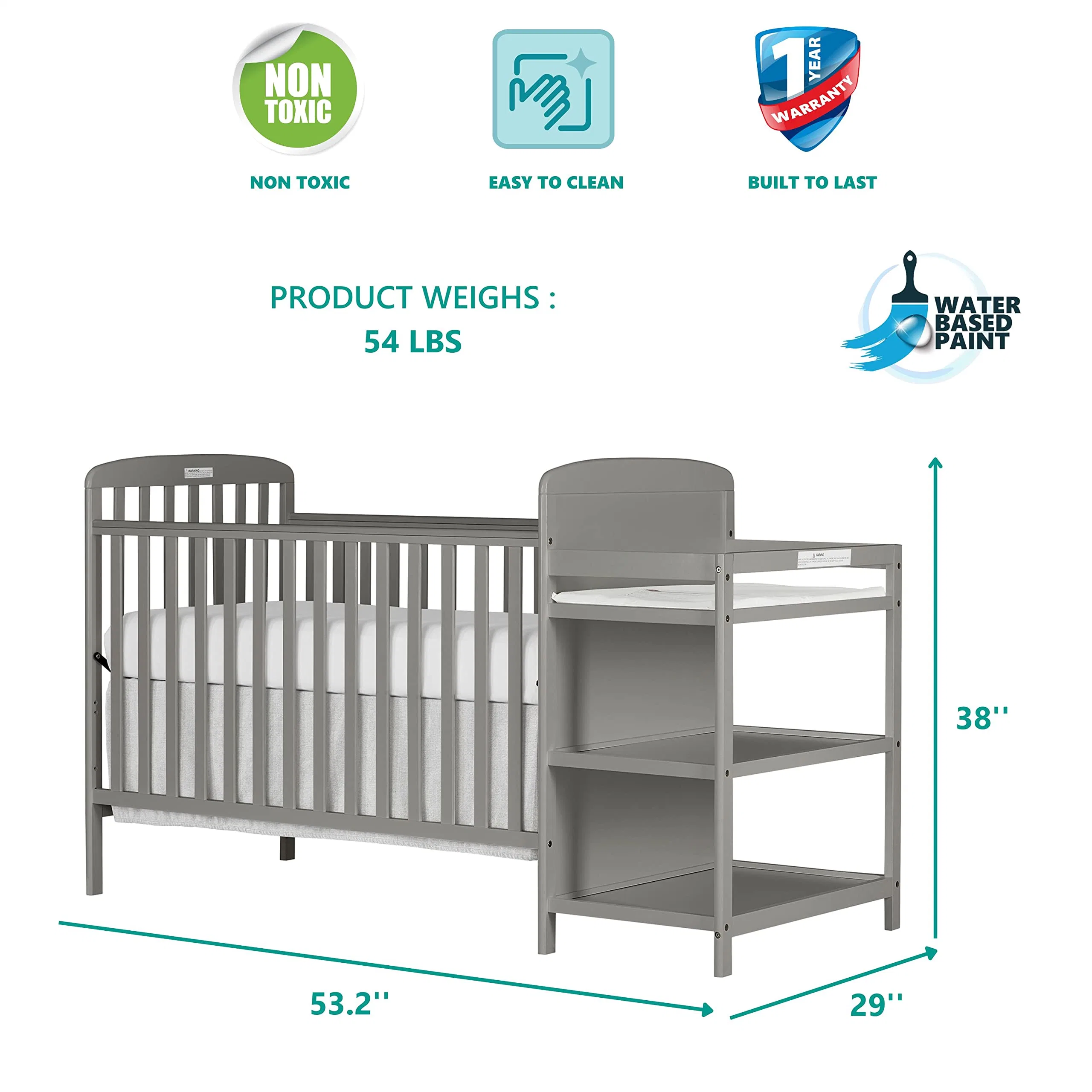 Crib Combo Steel Grey Greenguard Gold Certified Non-Toxic Finishes Changing Pad