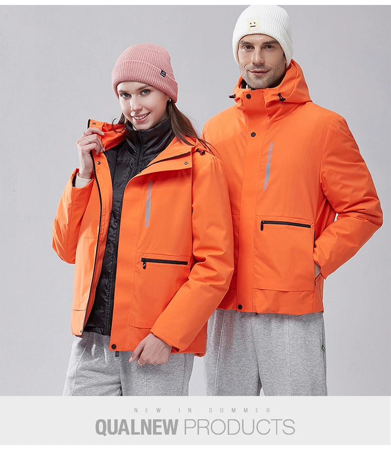 Down Jacket, traje de dos piezas para los hombres y mujeres de las parejas en el invierno, caliente y fría Chaqueta con forro de terciopelo