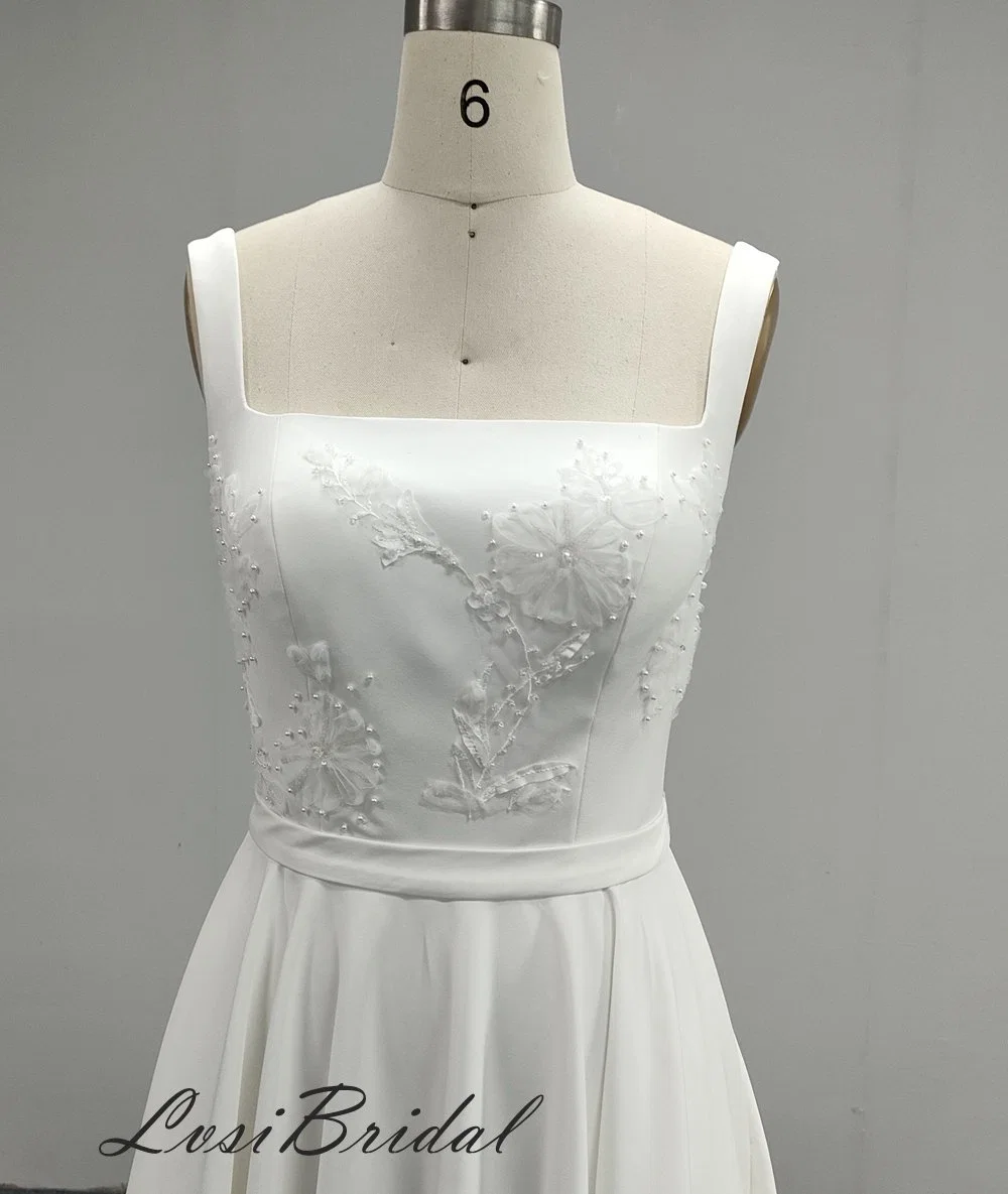 23012 Square Neckline and Wide Straps Wedding Dress with 3D Flower and Beading Bridal Gown Dress Stretch Fabric A-Line Skirt Dress Hot Sale New Style