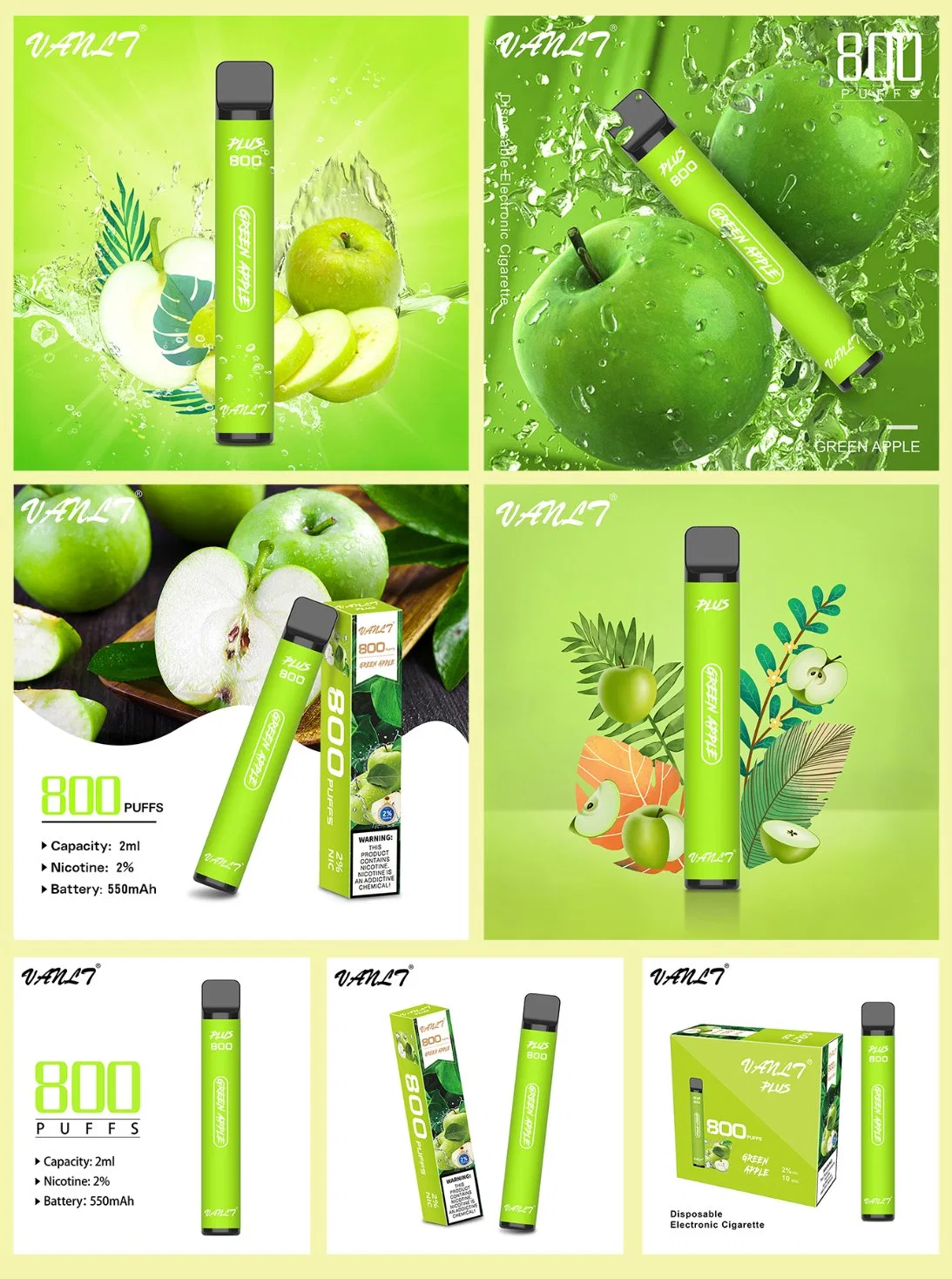 Germany E Cigarette 800 Puff Green Apple Flavoursvanlt Plus Vape Disposable Joy Stick