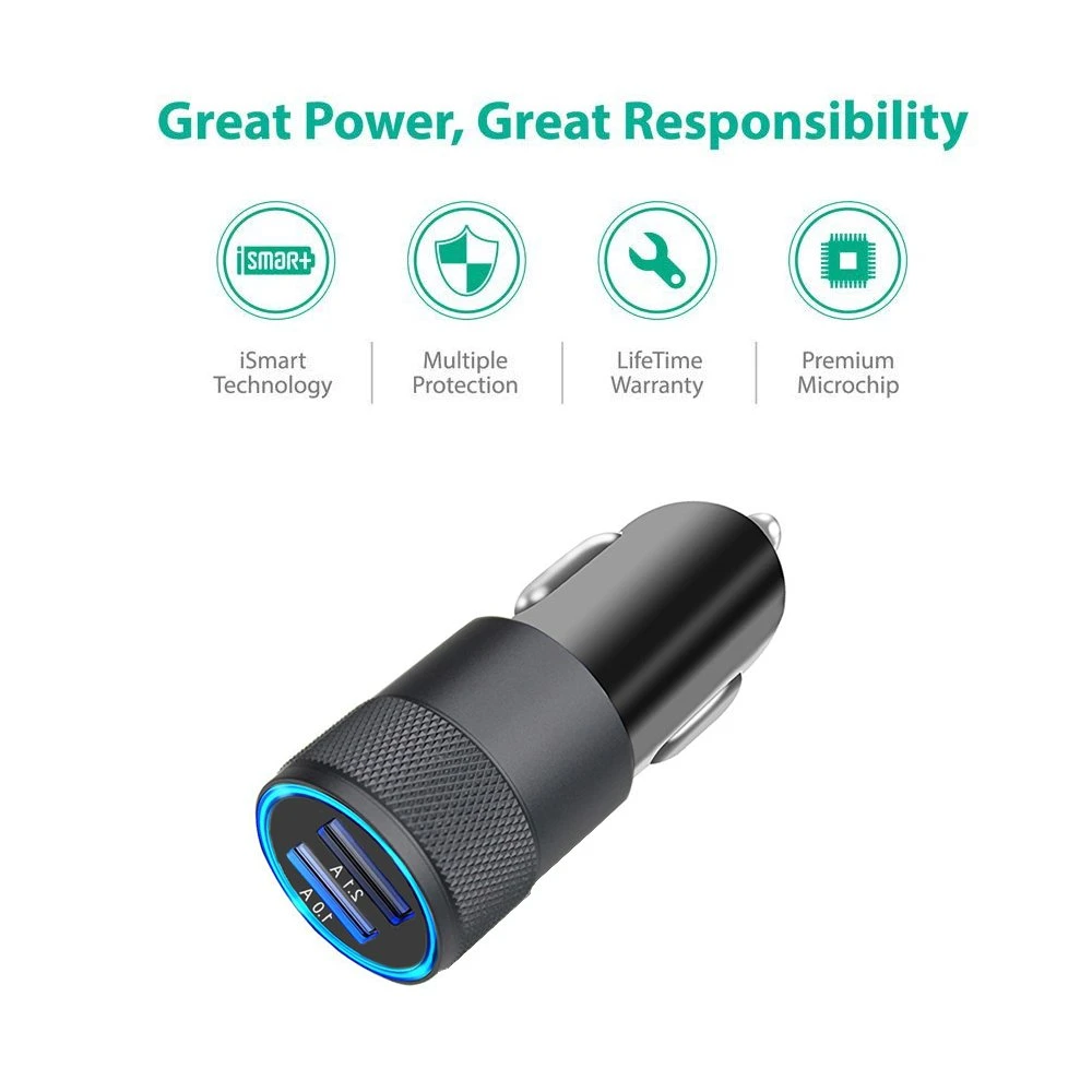 iPhone Car Charger, 3.1A Rapid Dual Port USB Car Charger + Lightning Cable Compatible