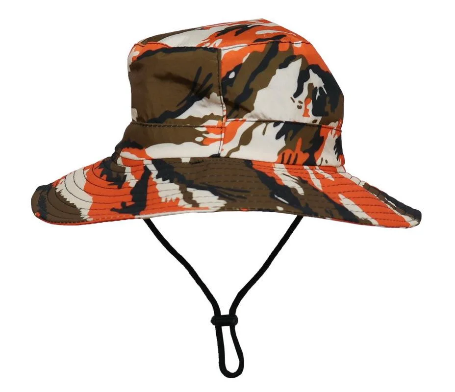 Boys Camouflage Bucket Hat Army-Green Sun Protection Fishing Hat Wide Brim Boonie Hat Chin-Strap for Kids