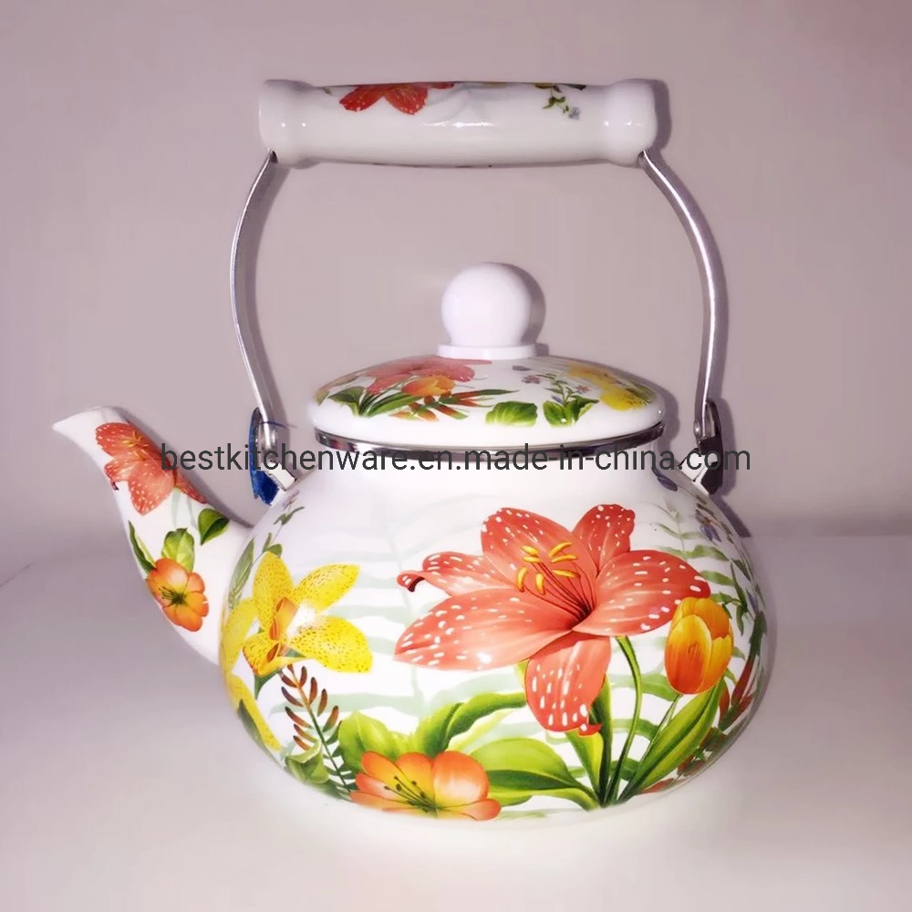 Durable Full Flower Decal Enamel Tea Kettle with Wooden Handle 2.5L