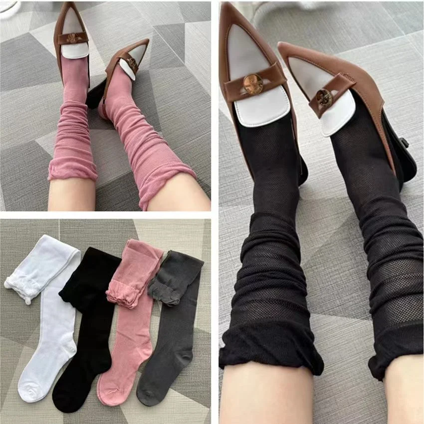 Fashion Style Pure Color Meshed Breathable High Quality Custom Knitting Knee High Sexy Women Loose Sock