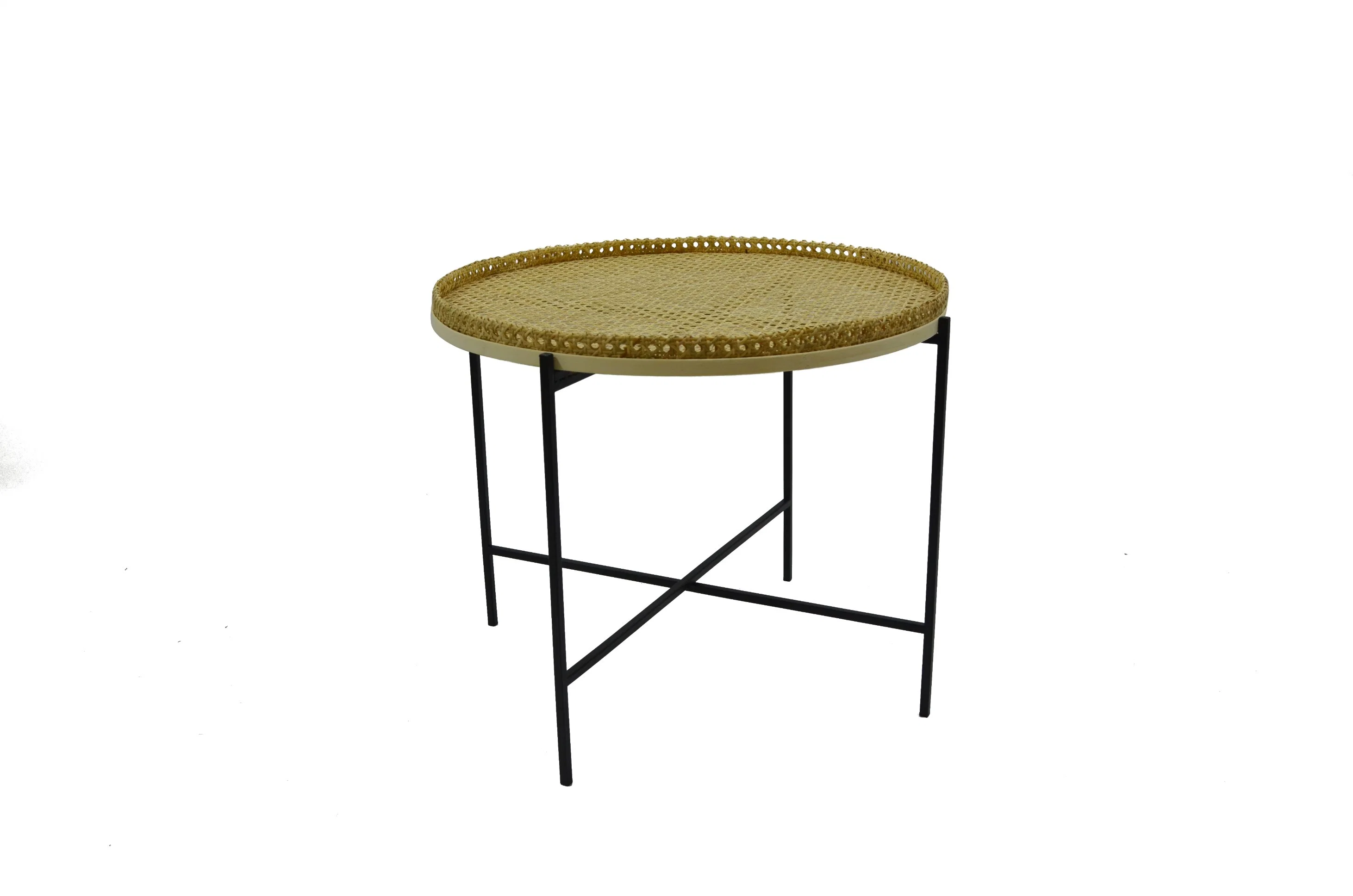 Ironwork Corner Table with Rattan Top