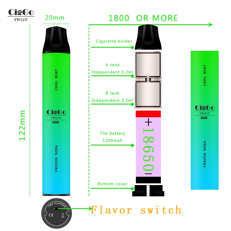 E cigarrillo Puff doble torsión Ciggo 2 sabores de 1 desechables Vape 2 en 1 bolitas de 1800