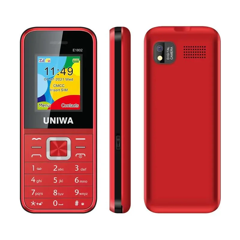 Vente directe en usine téléphone GSM 2g Uniwa E1802 Original 1.77inch Bar téléphone portable pour personnes âgées