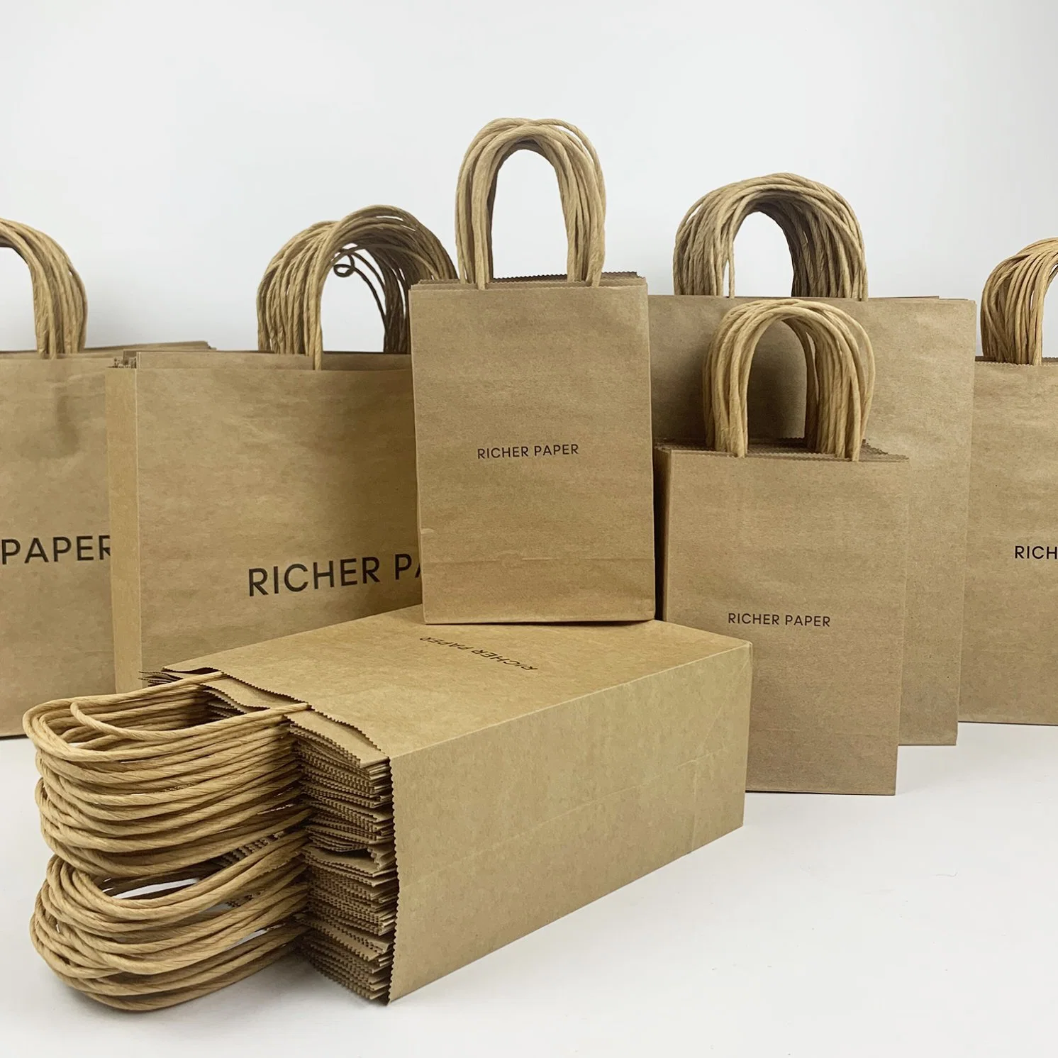 Custom Restaurant Food Delivery Take out Packaging Bag Design Your Own Logo Flat Handle Takeaway Carry Brown Kraft Paper Bag