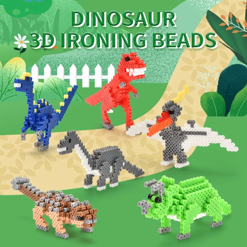 Vividly Colored Beads Dinosaur Pearler Set Fuse Beads Craft Kit Patterns Melty Fusion Colored Beads Arts and Crafts for Kids