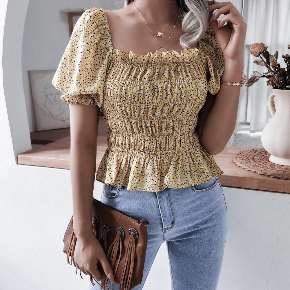 New Fashion Ladies Summer Square Collar Lantern Sleeve Ruffled Floral Chiffon Shirt Top