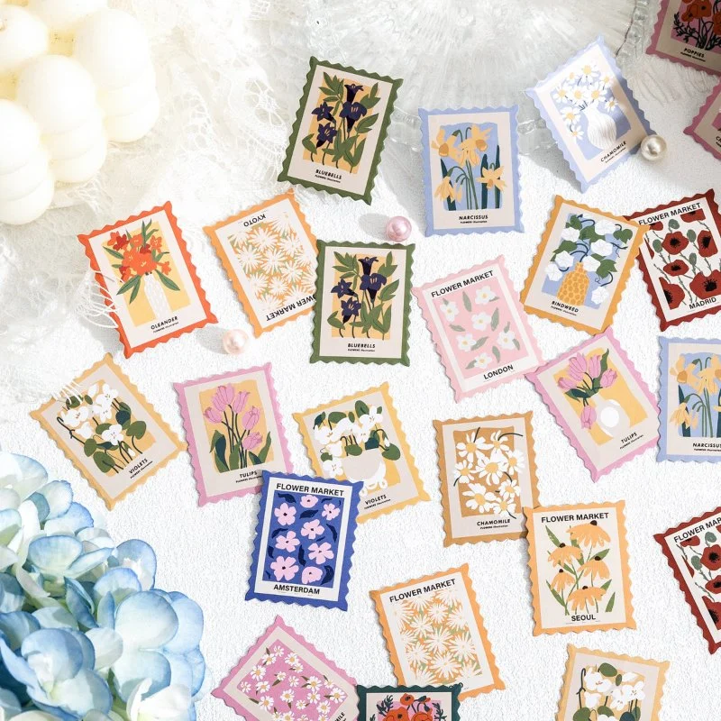 Custom Vintage Planner Decorative Label Die Cut Adhesive Cute Flower Post Office Stamp Waterproof Sticker