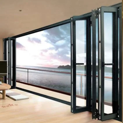 Aluminium Black Bi Folding Glass Door with Blinds Louver Shutter Inserted Glass Manual Blinds Doors