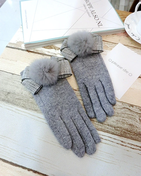 Hot-Sale Five Finger Bow Fur Ball Style Split Finger Cute Cartoon Plus Velvet Thickening Warm Gloves