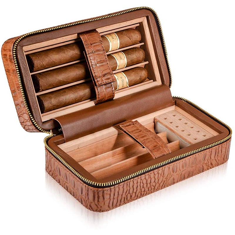 Cigar Humidor Leather Cigar Humidor Travel Cigar Case Lined with Cedar Wood Humidifier Removable Trays Dropper Storage Bag Gift Box