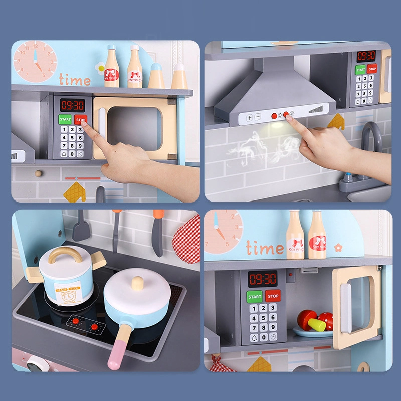 Kids Large Wooden Kitchen Toys Simulation Cooking Kitchenware Pretend Play Set Toy Boys Girls Wooden Kitchen Toys with Light & Music