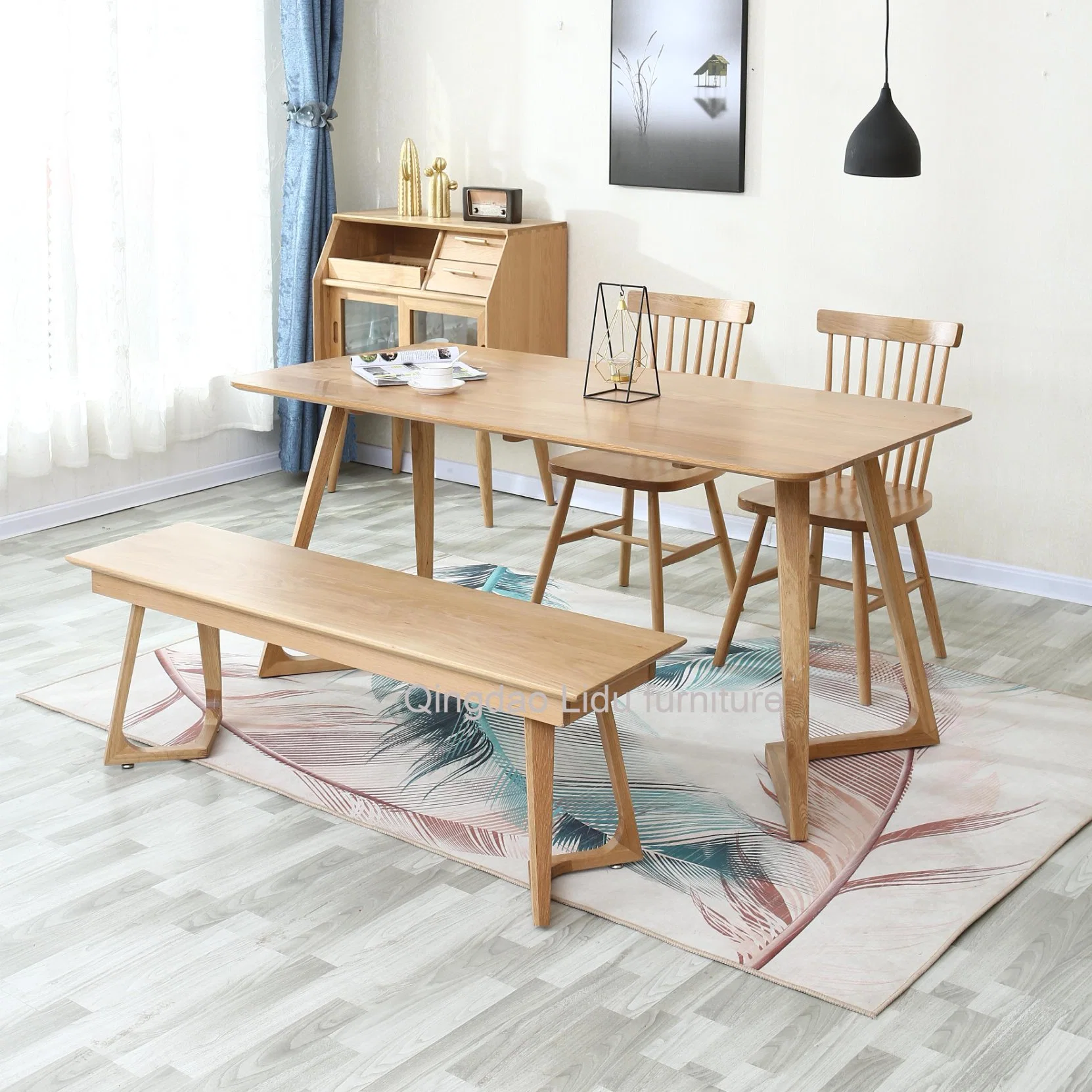 Two Colors Solid Oak Wood Dining Table and Chairs