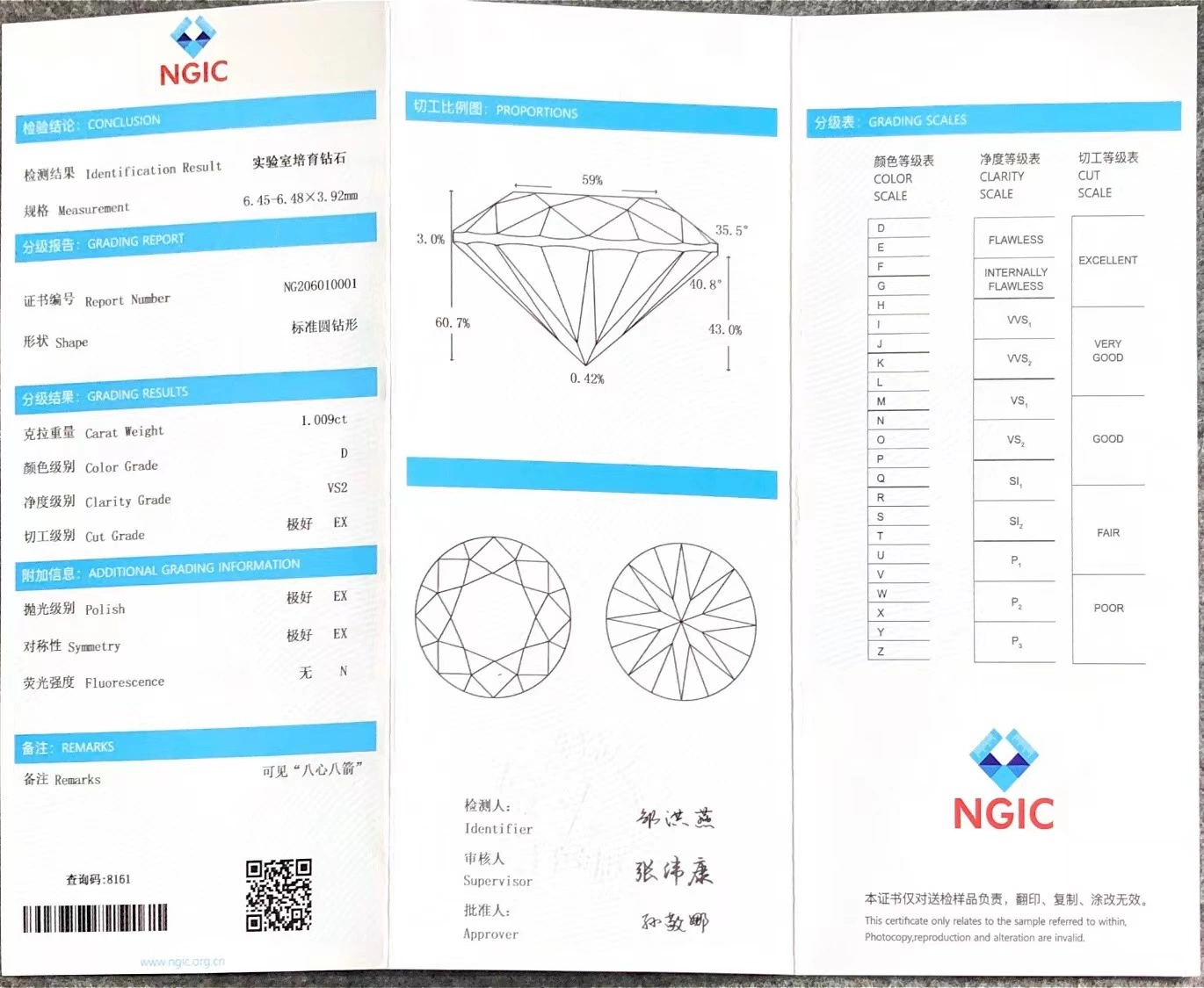 Messi Gems stock usine 1.009TC D Vs2 3EX Hpht ronde lâche cultivés en laboratoire de diamants naturels