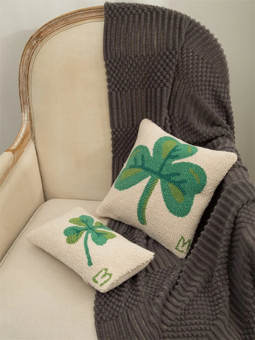 Carpet Embroidery Needle Point Tufting Four Clovers Green Leaf Pillow 45X45cm 30X50cm Sham Cushion