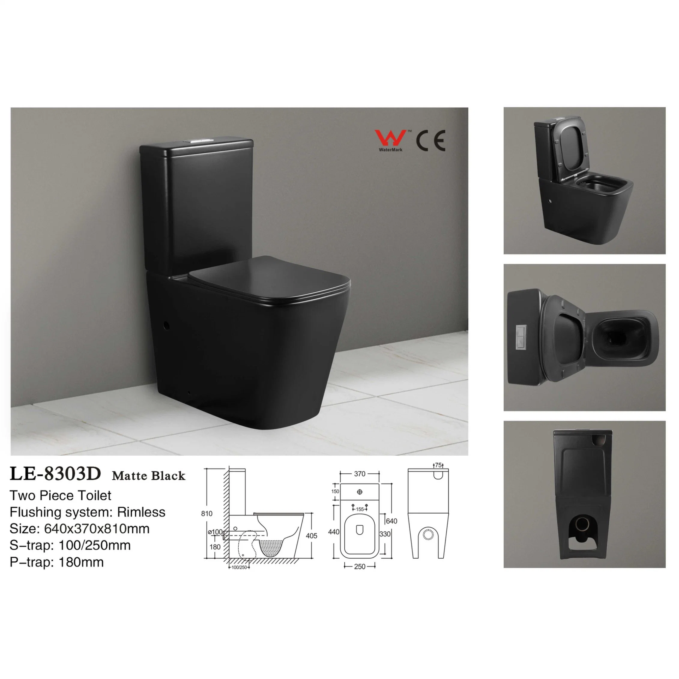 CE Watermark Two Piece Closestool Rimless Siphonic Matte Black Wc Bowl Toilet