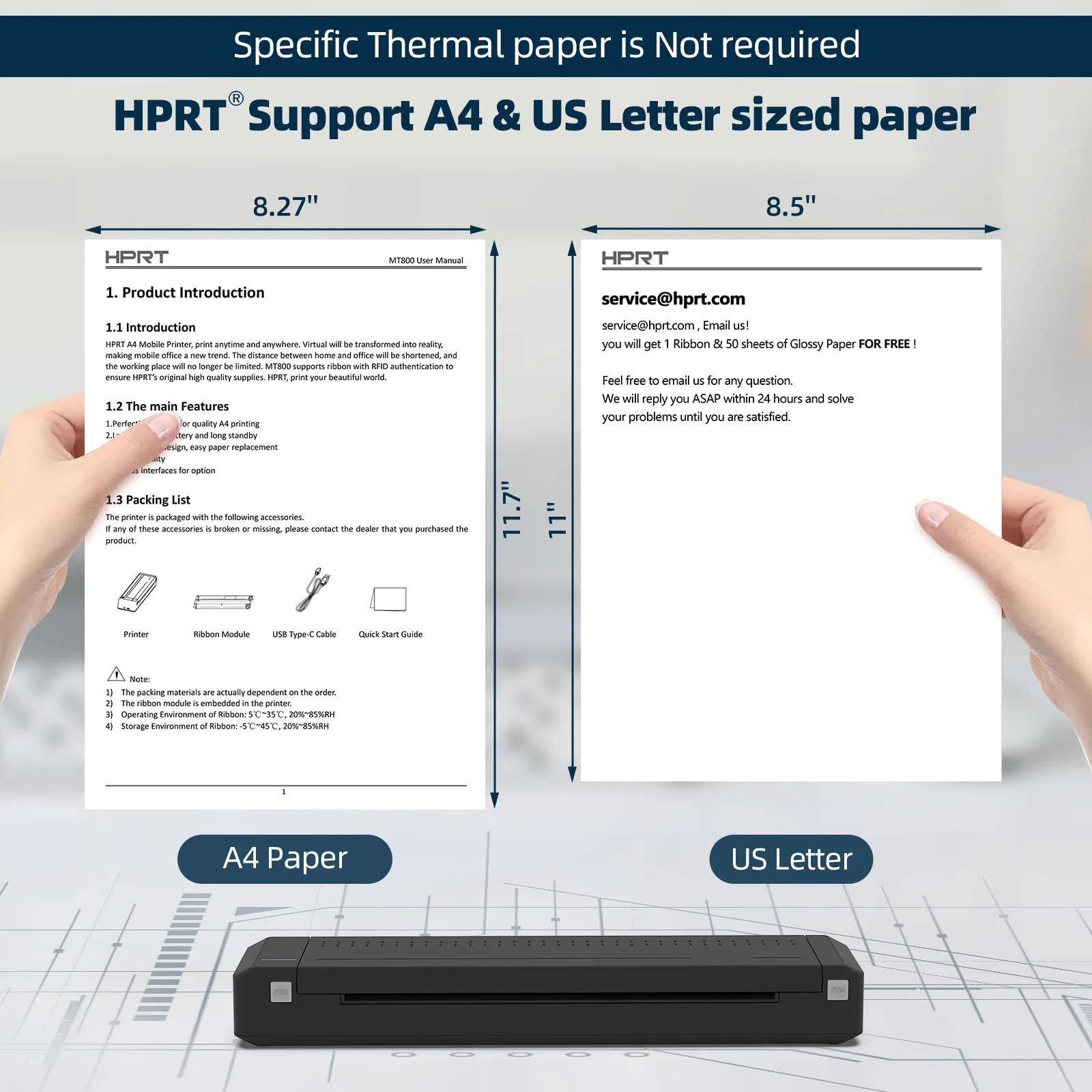 Documento USB portátil HPRT MT800 300dpi Wireless BT4,0 A4 PDF Mini impresora para teléfonos móviles Android iOS