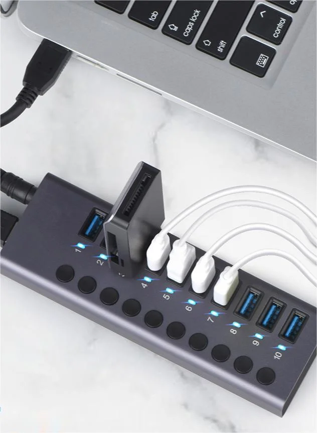 Multifunktionaler USB 3,0-Hub mit 10 Ports Hub und Unabhängiger Schalter Hochstrom-USB-Splitter