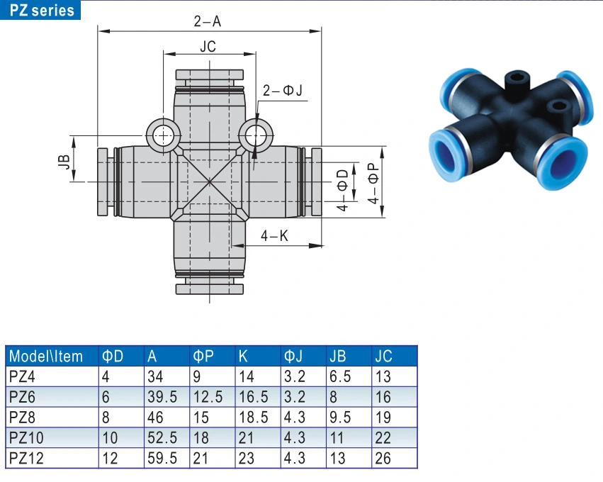 Pza Pneumatic Plastic One Touch Air Compressor 4 Way Union Cross Tube Fittings