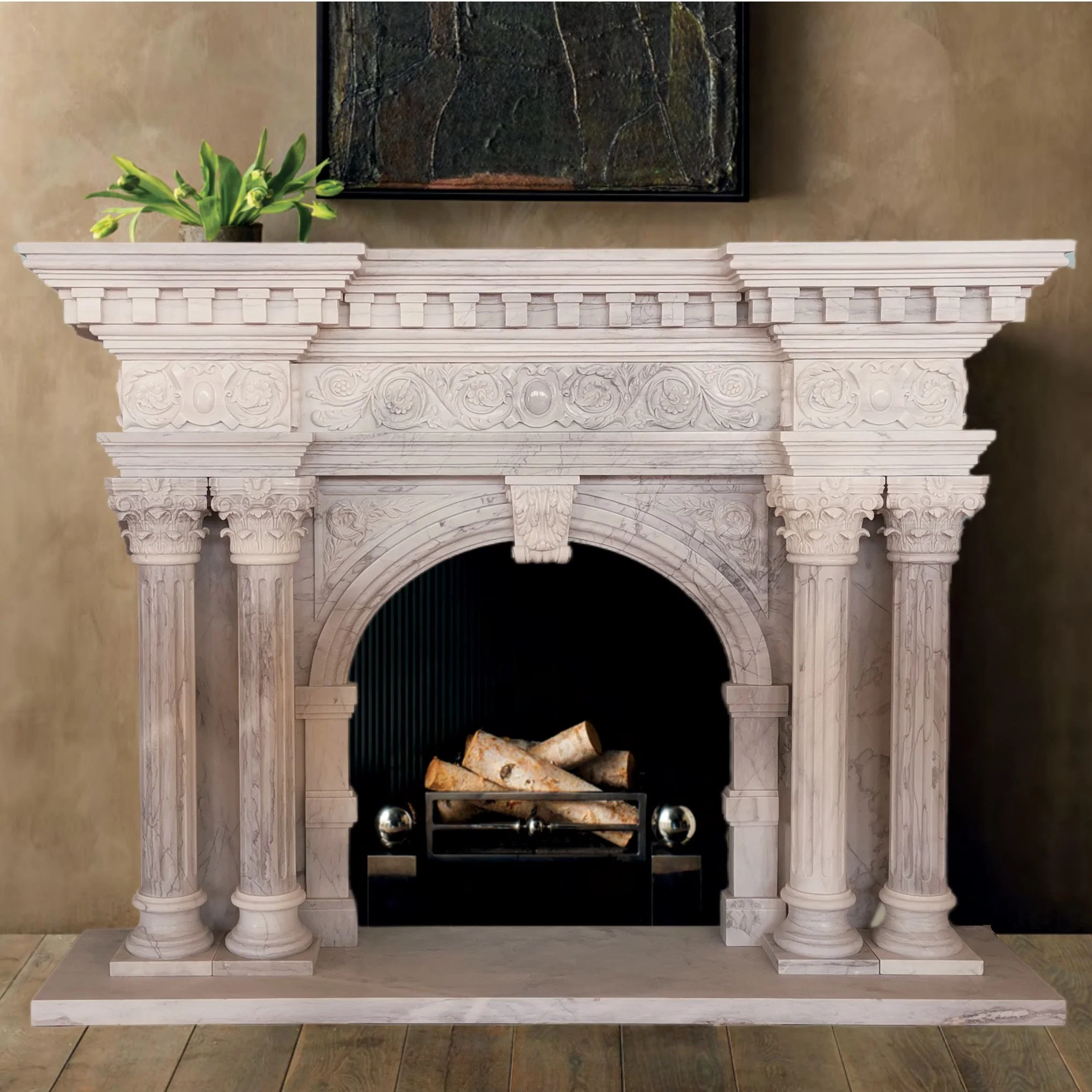 Custom Made Beige White Marble Stone Relief Girl and Dog Carving Fireplace Mantel