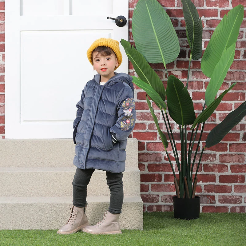 Quilted Long Flower Embroidery Velvet Hooded Down Jacket for Kids Children Girls Boys