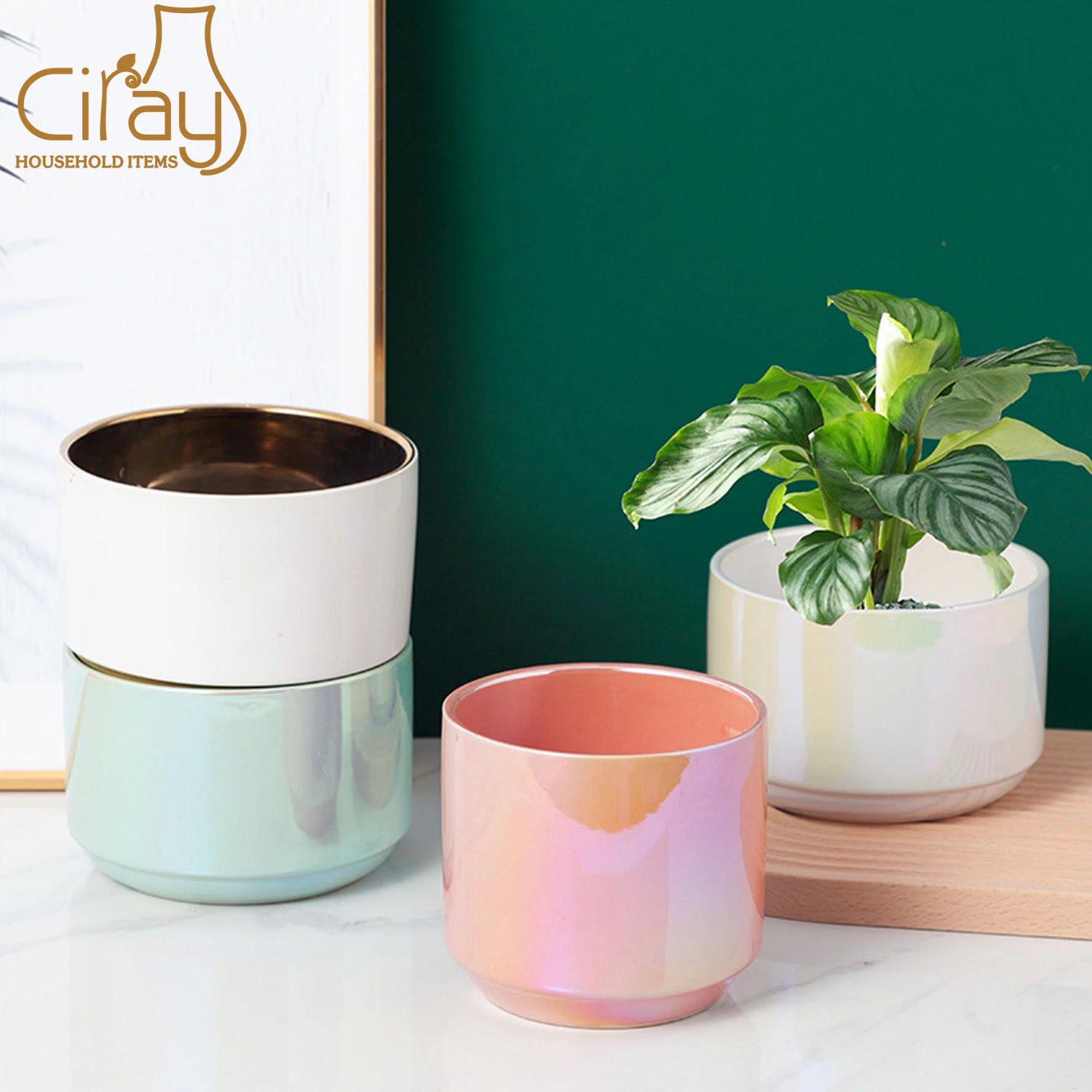 Colorful Pearlescent Plated Ceramic Flower Pot Round High-Grade Pot for Green Plants and Orchids