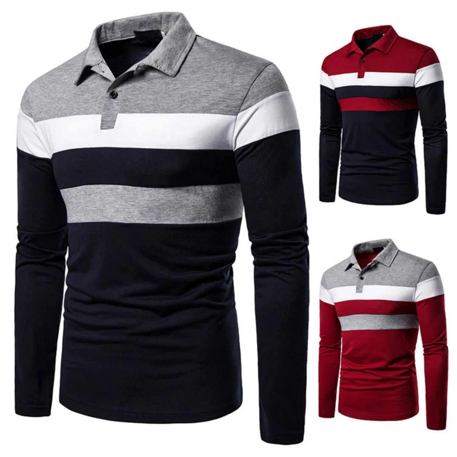 Men Quality Color Block Long Sleeve Golf Polo Shirts