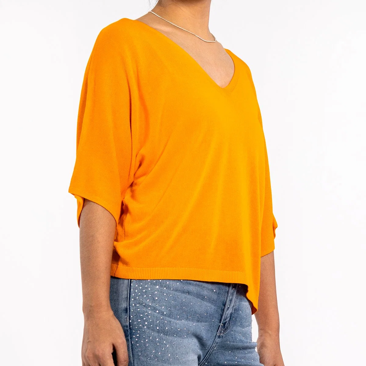 Summer Fashion Orange V-Neck Slim Lightweight Short Sleeve Sweater for Women