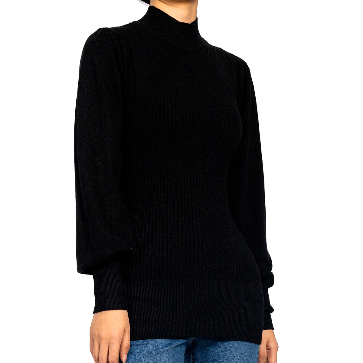 Black Slim Long Sleeve MID Tall Ribbed Fall Sweater for Women