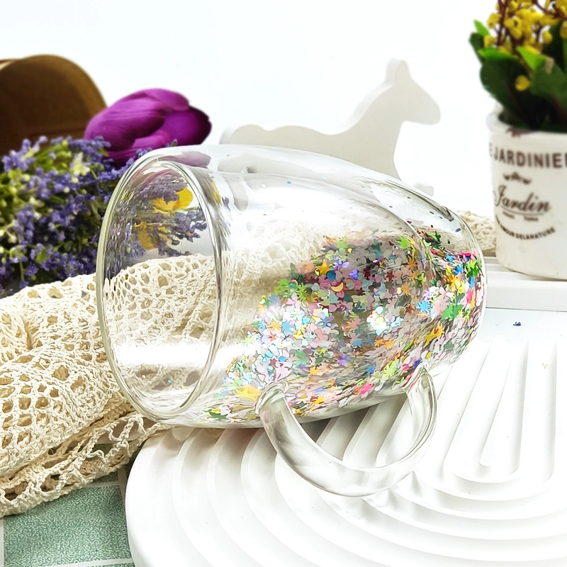 Egg Shaped Thickened Glitter Fine Flash Sand Double Glass Household Coffee Cup Juice Cup Milk Cup with Handle