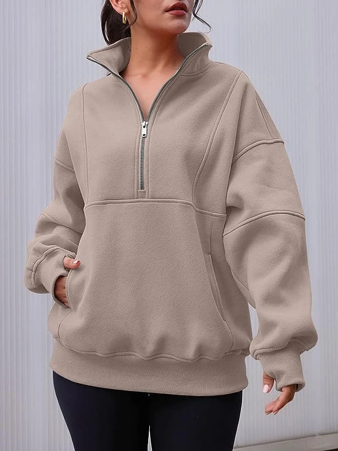 La moitié des femmes Zip Sweat-shirt à manches longues en molleton surdimensionné Hoodies chandails Pockerts décontracté avec