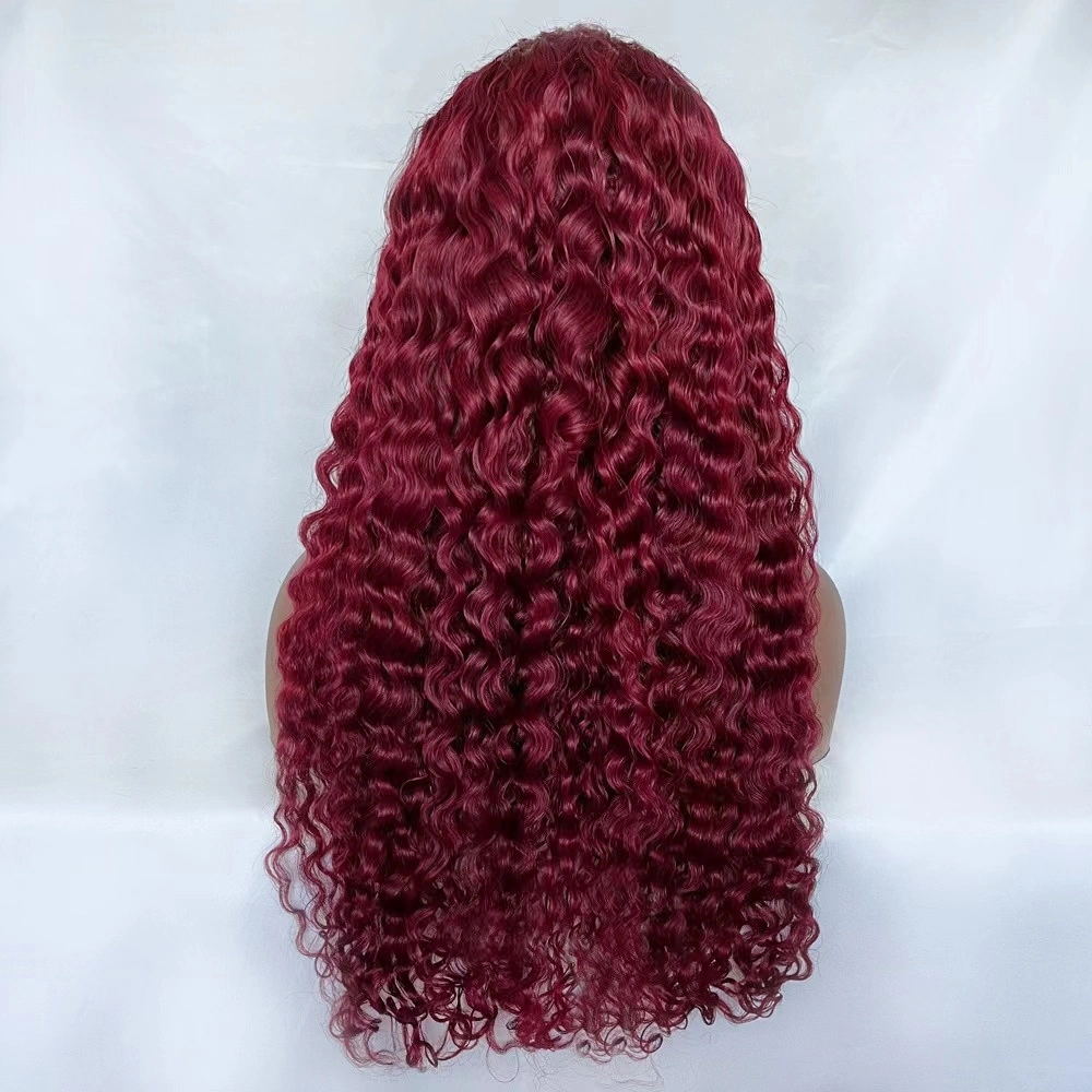 Brasilianische Real 100% farbige Roh Virgin Human Virgin Haar HD Transparent Human 99j Rot Burgundy tief Welle Curly Spitze Perücke