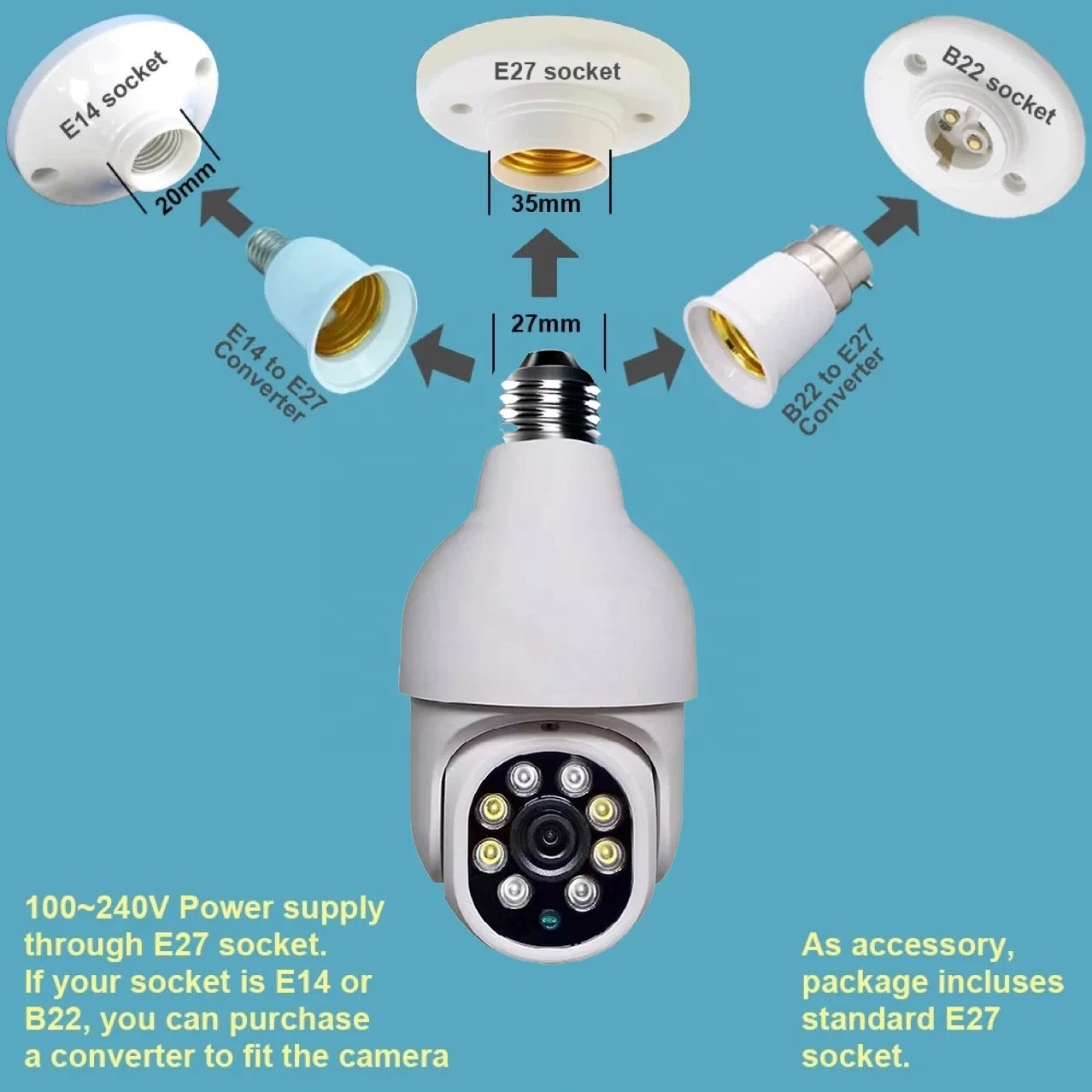 2MP 3MP Bulb E27 Connector WiFi PTZ Waterproof Digital Zoom Auto Tracking Home PTZ CCTV Camera IR Night Vision Outdoor