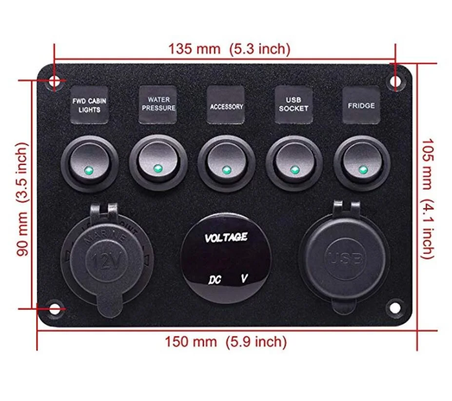 Marine Boat Rocker Switch Panel 5 Gang Toggle Switches with Digital Voltage QC 3.0 and 5V 2.4A USB Power Charger Cigarette Lighter Socket for Car Truck Jeep