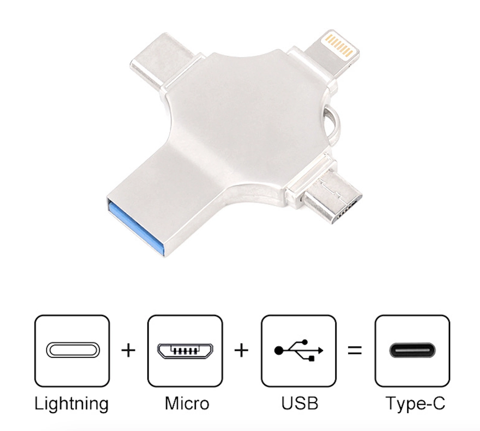 4-in-1 para Apple Lightning Android Tipo C OTG Micro-USB ordenador USB Palo