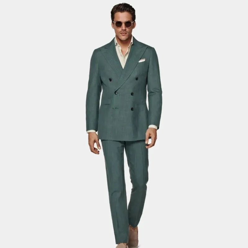 OEM Medium Green Wool, Silk and Hemp Blended Men's Banquet Slim Double-Breasted Suit