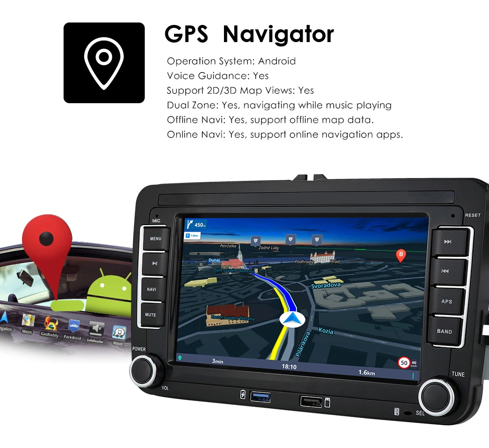 Radio Video Carplay Multimedia WiFi GPS Sistema frontal USB VW coche 7" Android Reproductor para Volkswagen