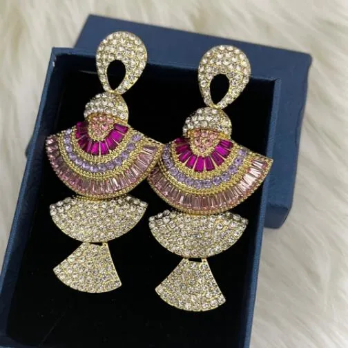 Banquet Jewelry Accessories Vintage Baroque Style Geometric Drop Earrings Women Pink Zircon Crystal Sector Dangle Earrings