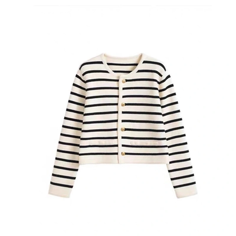 Nnr Stripe Button Knit Cropped Long Sleeve Tops Cardigan Women Sweater