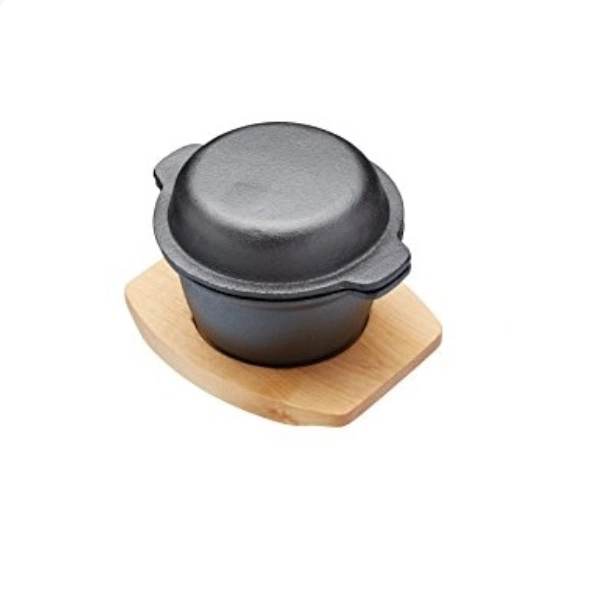 Cast Iron Pot with Lid and Wooden Base