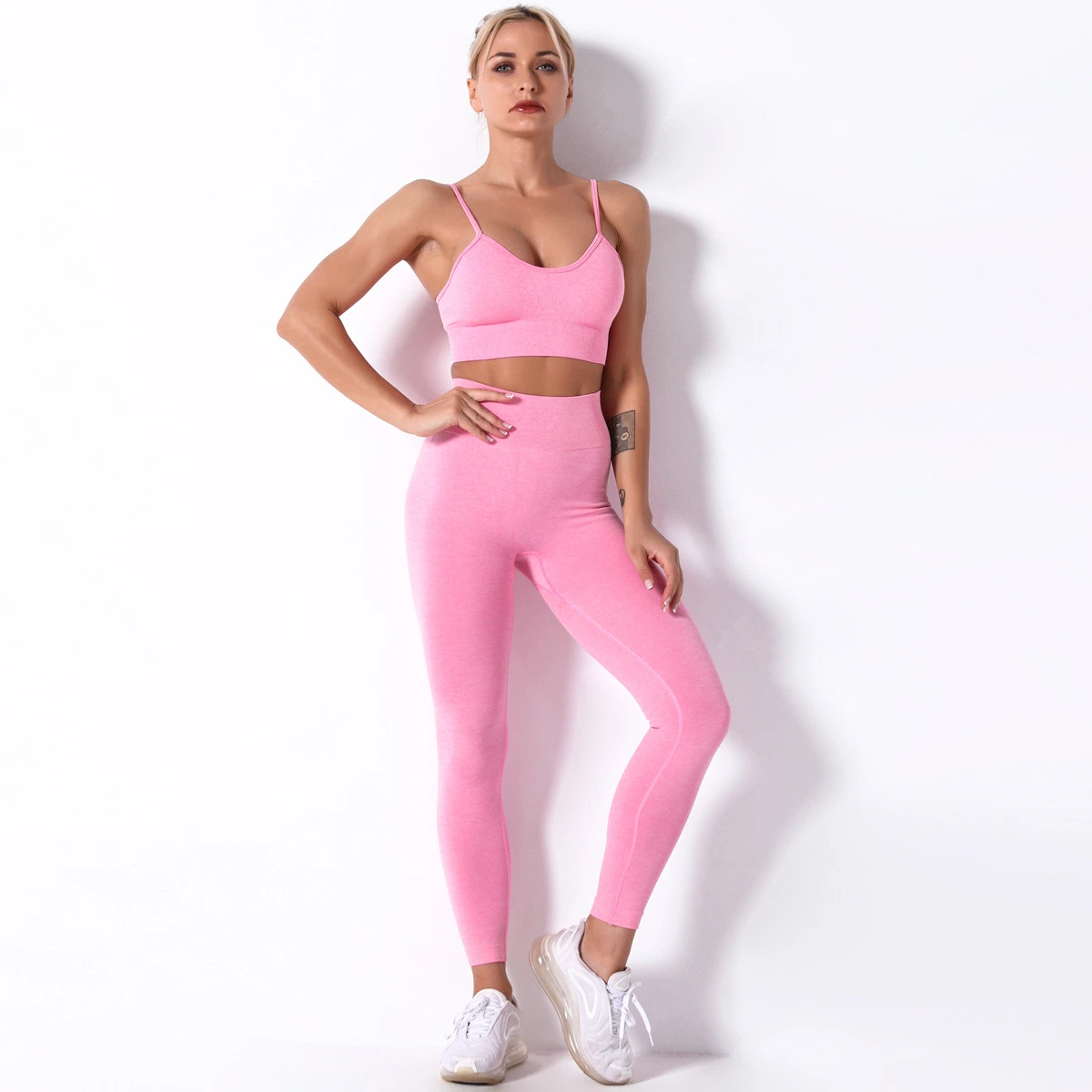 Seamless Gym Set Nylon Woman Sportswear 2 Piece Seamless Bra and Leggings Women Fitness Wear Yoga Sets Sports Suits Double Straps Beauty Back Bra Peach Buttocks