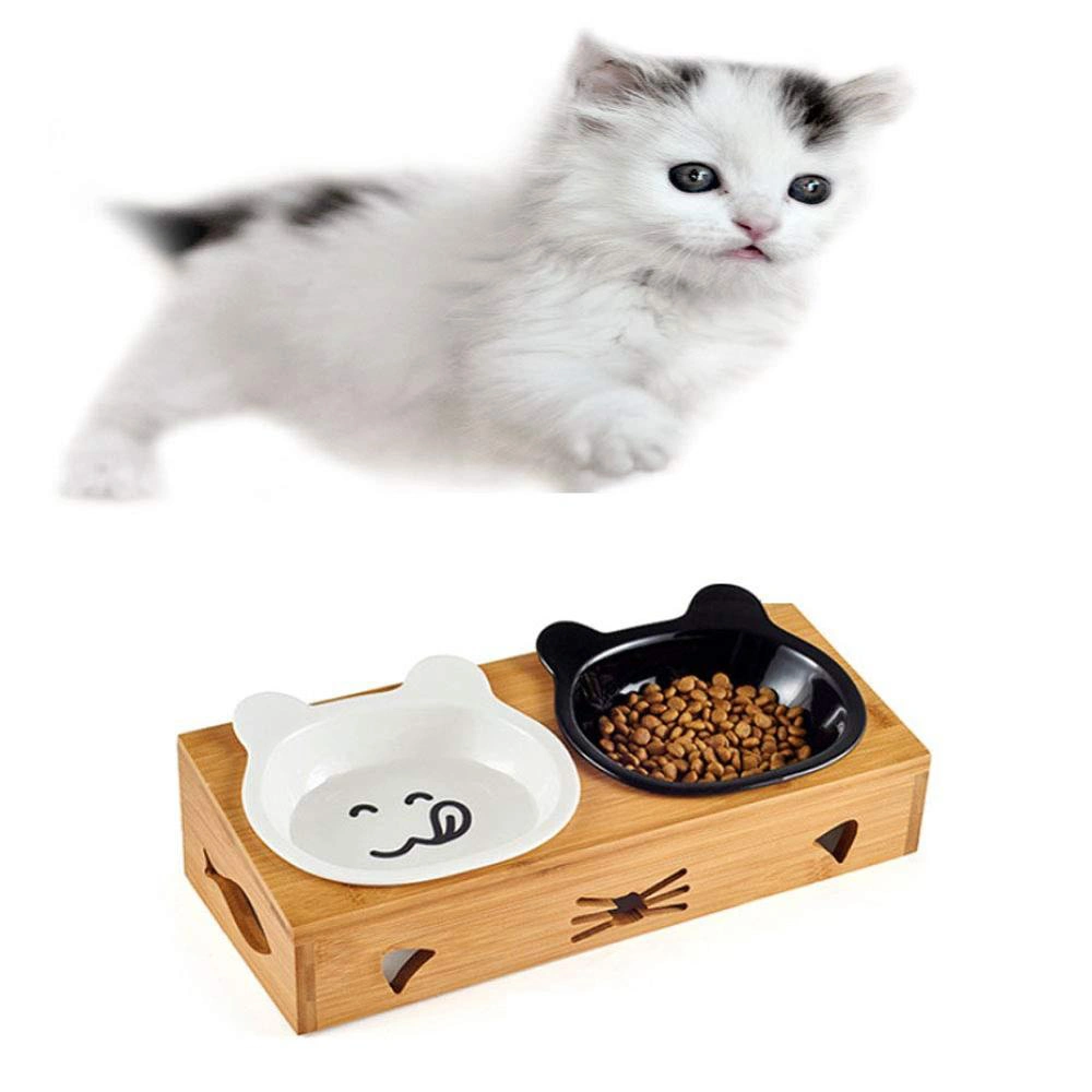 Wholesale/Supplier Eco-Friendly Bamboo Elevated Dog Cat Food and Water Bowls Stand Feeder with 2 Ceramic Bowls