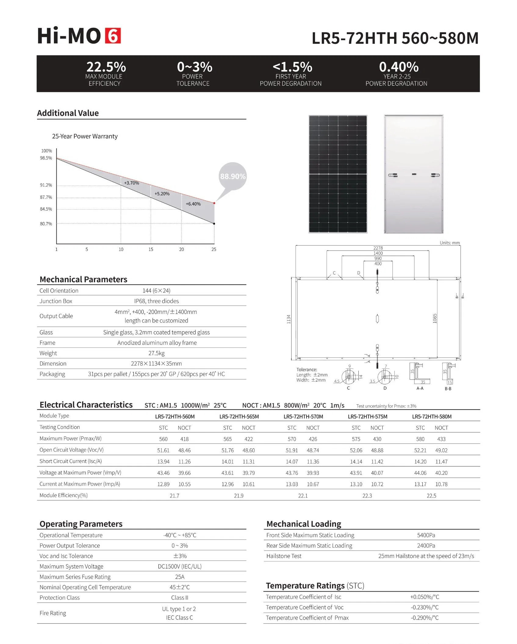 Módulos fotovoltaicos de panel solar de alta potencia Longi Hi-Mo6 LR5-72htd-560m 560W 560 vatios