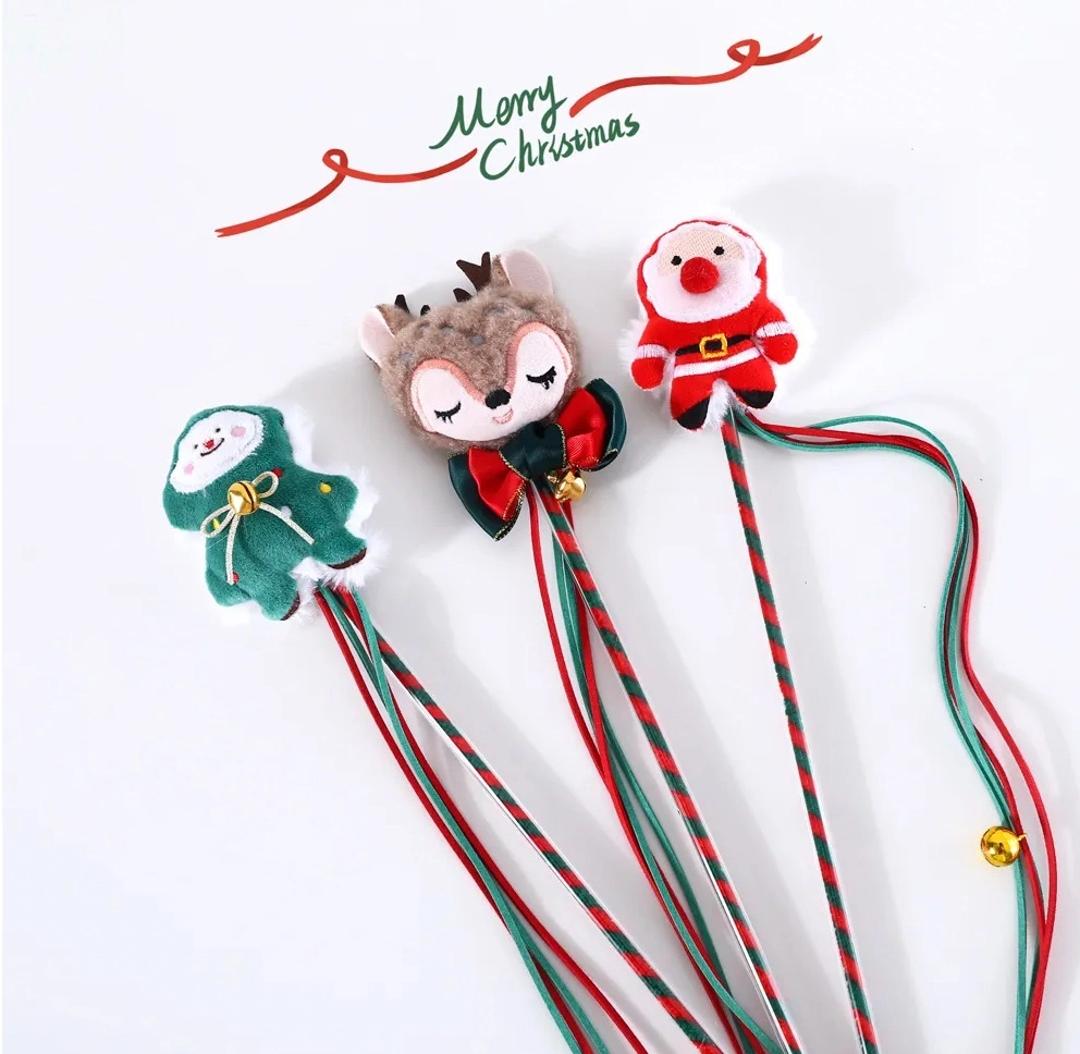 Hot Sale Christmas Tree Santa Claus Cat Teaser with Bell Toy